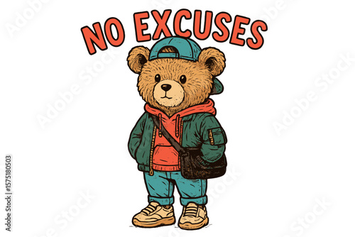 Cute cartoon bear wearing a cap and trendy outfit promoting a positive message about not making excuses