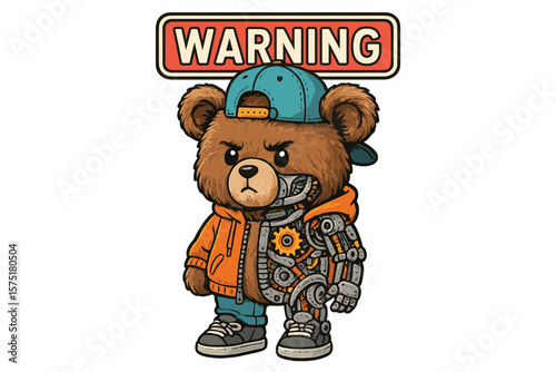 Bear wearing a hoodie and cap with a robotic arm standing confidently in an urban background at sunset