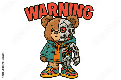 Cute cyborg bear character wearing a hoodie and sneakers with a warning sign above in a playful artistic style
