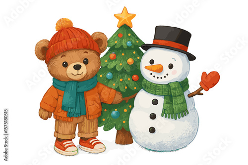 Cute bear and snowman celebrate winter holidays beside a decorated tree with colorful ornaments