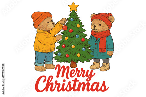 Cute bears decorating a Christmas tree in cozy winter attire at home during the festive season with joyful expressions
