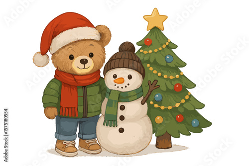 Cute bear and snowman celebrate winter holidays together by a decorated Christmas tree