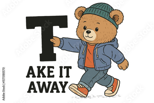 Cute cartoon bear character walking with a large letter, inviting fun creativity in a playful setting