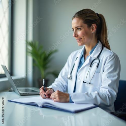 Doctor taking notes during medical examination in clinic, healthcare, practitioner, professional