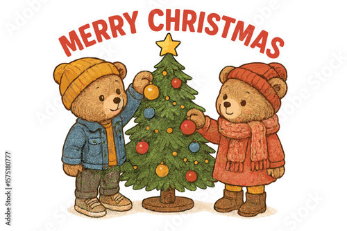 Cute bears decorate a Christmas tree together in a festive winter setting, spreading holiday cheer