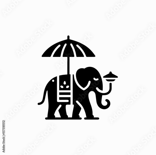 Minimalist Black Vector Logo of Thai Elephant with Traditional Bo Sang Umbrella Isolated on White Background