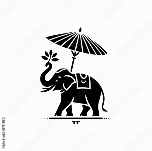 Minimalist Black Vector Logo of Thai Elephant with Traditional Bo Sang Umbrella Isolated on White Background