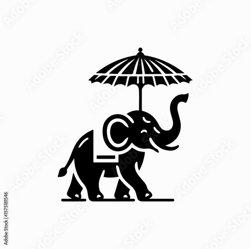 Minimalist Black Vector Logo of Thai Elephant with Traditional Bo Sang Umbrella Isolated on White Background