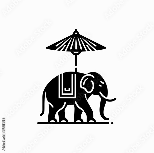 Minimalist Black Vector Logo of Thai Elephant with Traditional Bo Sang Umbrella Isolated on White Background