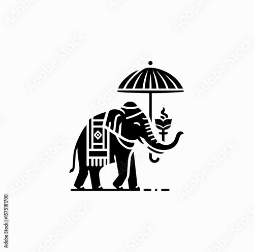 Minimalist Black Vector Logo of Thai Elephant with Traditional Bo Sang Umbrella Isolated on White Background