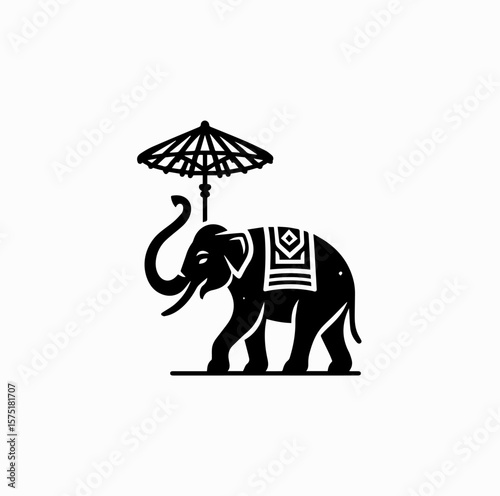 Minimalist Black Vector Logo of Thai Elephant with Traditional Bo Sang Umbrella Isolated on White Background