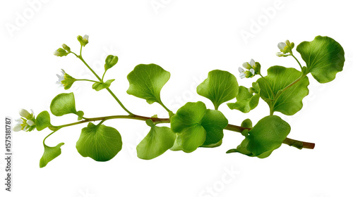 Wallpaper Mural Captivating Green Plant with small flowers: A close-up shot highlights the intricate details of fresh plant stem with a few tiny white blossoms, the vibrant green leaves exude freshness. Torontodigital.ca