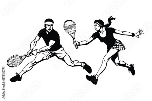 Tennis Players in Pop Art Comic Style. Retro Vector Illustration  of Man and Woman Sport Action Pose