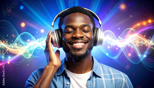 A man with headphones, enjoying music, surrounded by vibrant sound waves.
