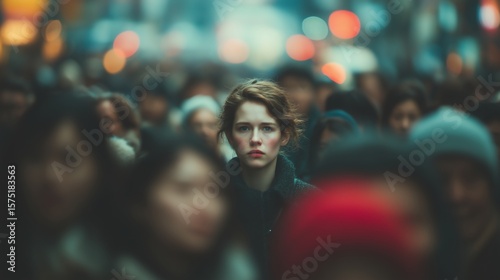 Wallpaper Mural Serious-faced woman standing in bustling city crowd with minimalist composition and shallow depth of field for urban and corporate use Torontodigital.ca