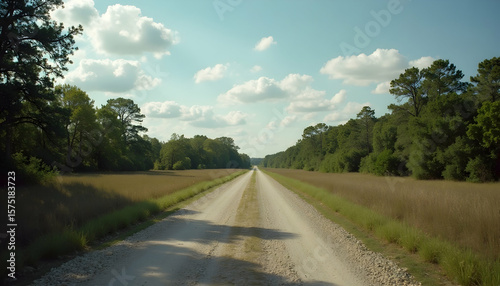 Dirt Road Through Fields and Trees Under Cloudy Blue Sky