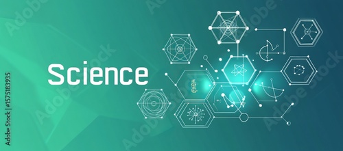 Abstract science background with interconnected hexagons displaying various scientific symbols and concepts on a teal gradient