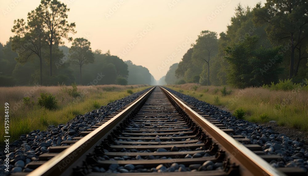 Railway Tracks Through a Forest Landscape at Dawn with Trees and Grass Railway Tracks Through a Forest Landscape at Dawn with Trees and Grass