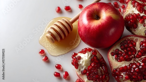 Celebrate Rosh Hashanah with apples, pomegranates, and honey on a serene background for a meaningful Jewish New Year celebration
