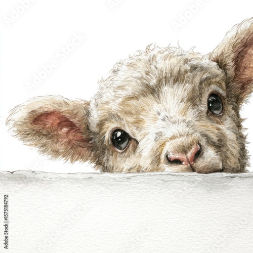 Cute lamb peeking over a white edge