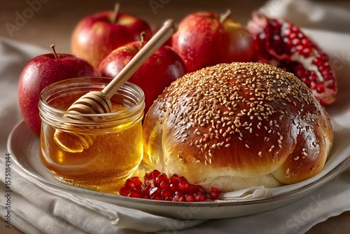 Celebratory Rosh Hashanah table with honey, apples, pomegranates, and traditional challah bread in a cozy setting