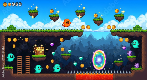 Colorful Pixel Art Platformer Game Level with Floating Islands and Collectible Gems