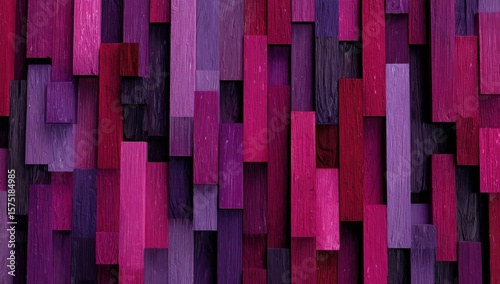 Abstract background of layered, vibrant pink and purple wood blocks