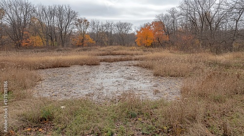 Autumnal wetland scene, showing a muddy pond surrounded by tall, dry grasses and leafless trees with hints of autumn color