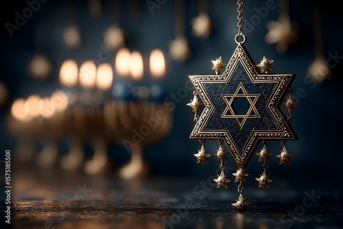 Star of David ornament enhances Jewish celebration with glowing candles and festive ambiance