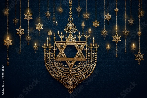 Beautiful menorah surrounded by stars of david illuminated with golden light for jewish celebrations