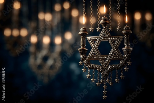 Star of David with golden accents illuminating a festive setting during Jewish celebrations of light and tradition