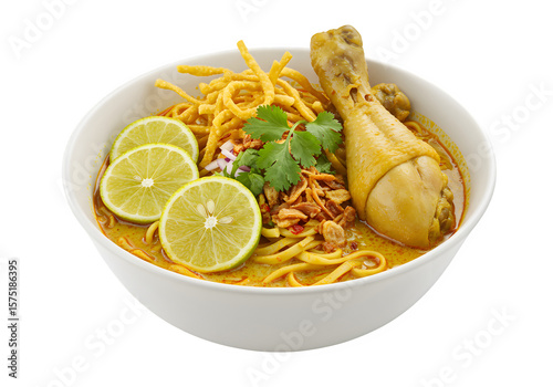 Bowl of thai khao soi curry noodle soup featuring chicken legs and lemon slices topped with fresh ingredients for an authentic taste experience isolated on white or transparent background. PNG