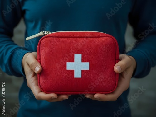 Close-up of a person holding a red first aid kit with a white cross, symbolizing emergency preparedness, health care, safety, and quick medical response for injuries or accidents.


