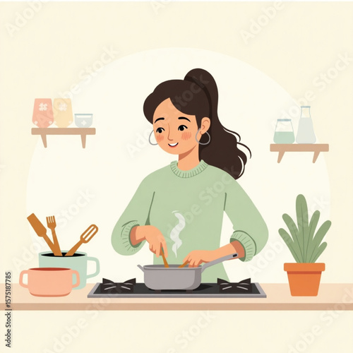 A woman cheerfully cooks a meal in a kitchen, stirring a pot.