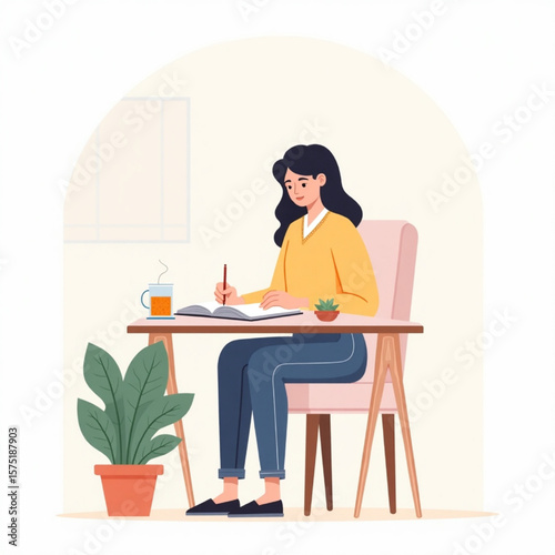 Woman sitting at a desk, writing in a notebook with a drink and plant nearby.