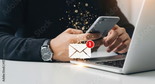 New Email Alert: Man Checks Smartphone with Laptop Nearby, Sparkling Notification