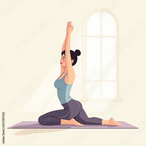 Woman practicing yoga in a seated pose, with arms raised, in a light and airy studio.