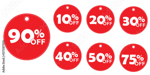 Collection of Eye Catching Red Sale Tags Featuring Discounts Ranging from Ten to Ninety Percent Off Items