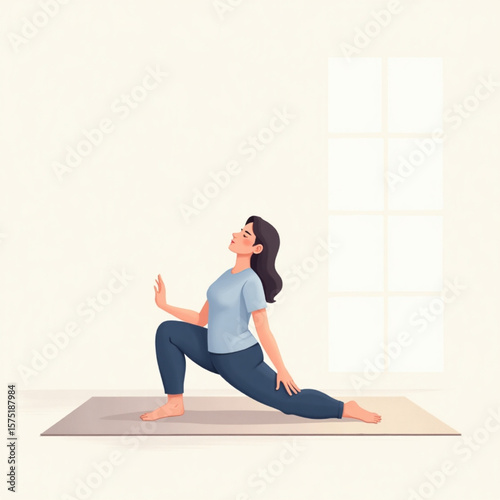 Woman practicing yoga in a warrior pose, illustrated in a calm, serene style.