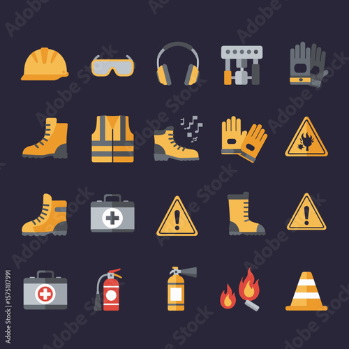 Construction Icon Set Flat Solid Design for Safety Gear and Hazard Warnings –  A Comprehensive Collection of Construction Icons