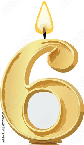 Number 6 Candle Isolated on White Background – Realistic Wax Texture with Visible Wick and Minimal Shadows
