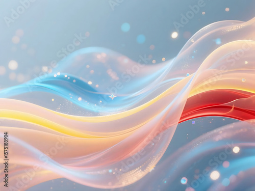 An abstract, ethereal background featuring flowing waves of translucent light in soft pastel tones of blue, yellow, peach, and red.