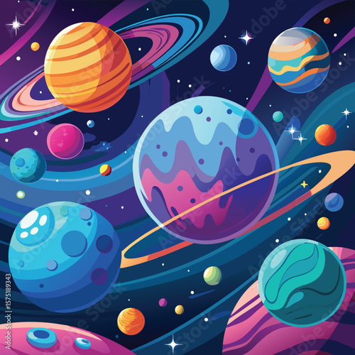 Colorful vibrant illustration of planets and stars in space