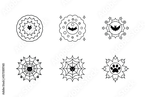Spooky Halloween Mandala Icons Set Bats, Spiderwebs and Paw Prints Vector Illustration.