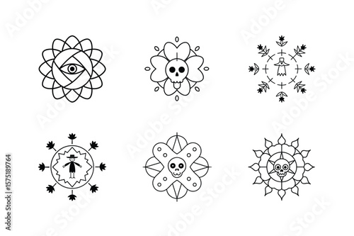 Halloween Mystical and Spooky Icon Set. Skulls, Eyes, and  Figures Vector Illustration.