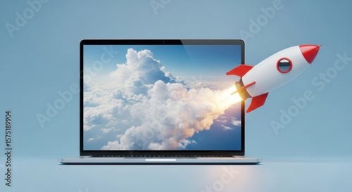 Rocket Launching from Laptop Screen into Cloudscape, Startup Concept