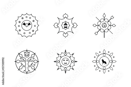 Halloween Mandala Icons set. Diverse Mystical. Bats, Cats, and Spirits Vector Illustration.