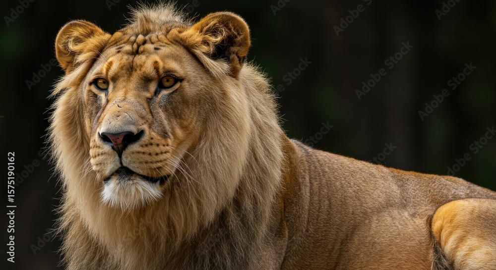 Naklejka premium Majestic lion portrait in striking detail showcasing its raw power and beauty in nature