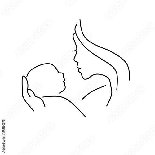 Minimalist one line art vector of a mother holding her baby, facing each other. Tender and emotional design symbolizing love, care, protection, and maternal bond.