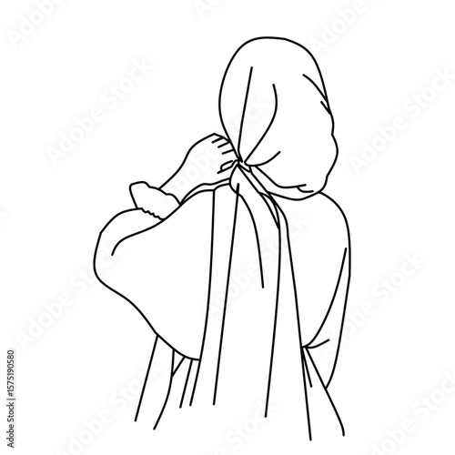 Minimalist line art vector of a woman wearing a hijab, viewed from the back. Elegant and modest design ideal for cultural, fashion, or lifestyle projects.